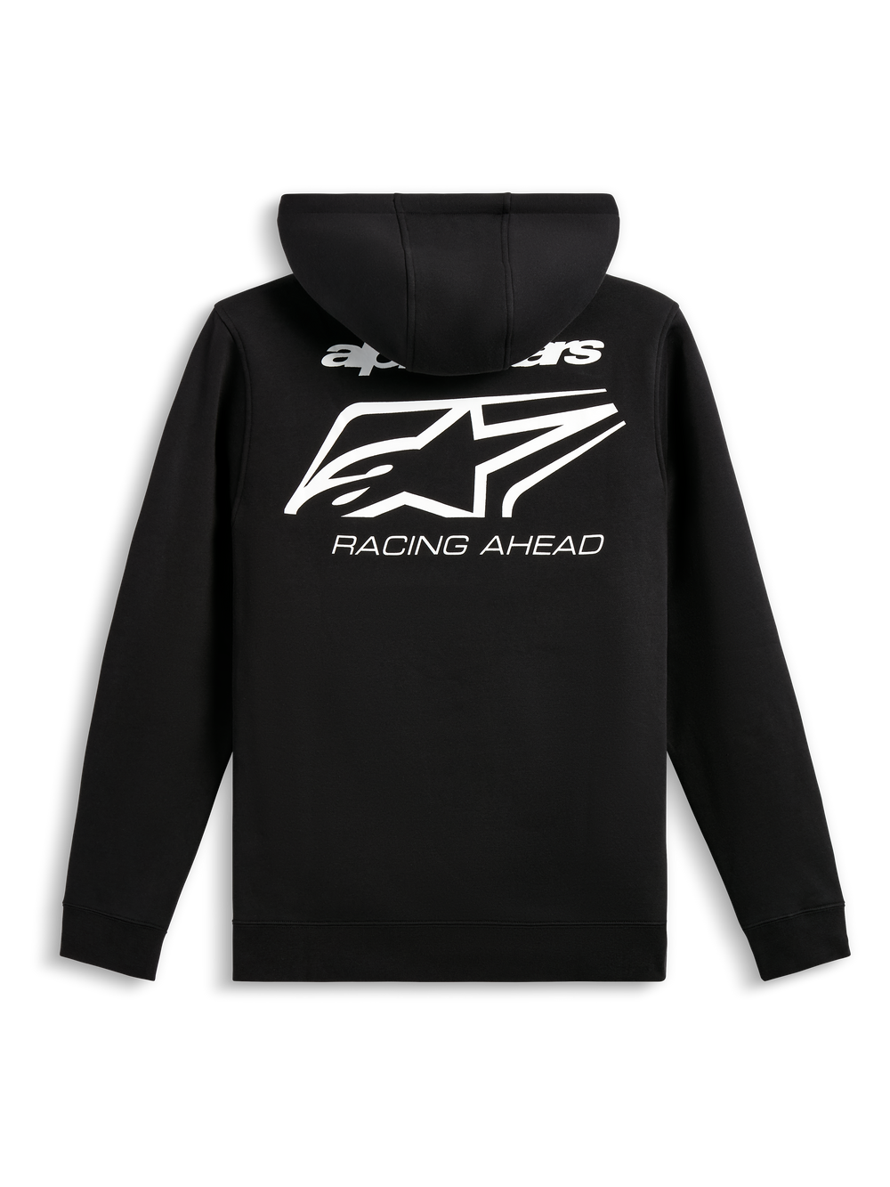 Alpinestars Formulation Hoodie, back view, Black, large white graphic with Alpinestars logo and 'RACING AHEAD' wordmark, casual sportswear, poly fleece with ribbed hem and cuffs