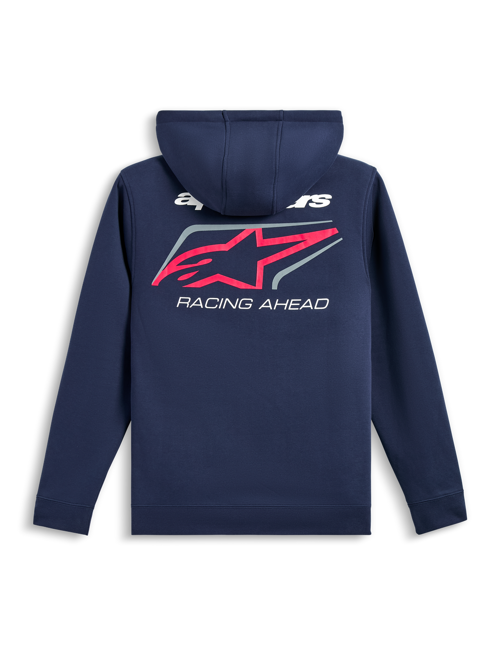 Alpinestars Formulation Hoodie, back view, Navy Blue, large pink Alpinestars star logo with grey border and white 'RACING AHEAD' text, casual motorsport-inspired streetwear