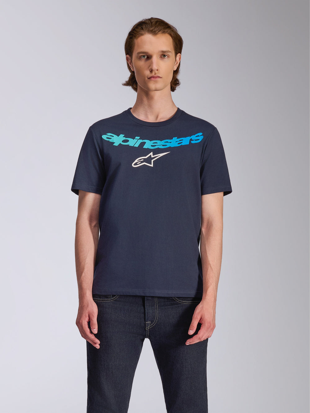 Alpinestars Collared CSF Tee, Short Sleeve T-Shirt, Navy Blue, Teal and light blue Alpinestars text graphic with white star logo, worn with dark denim, casual performance sportswear