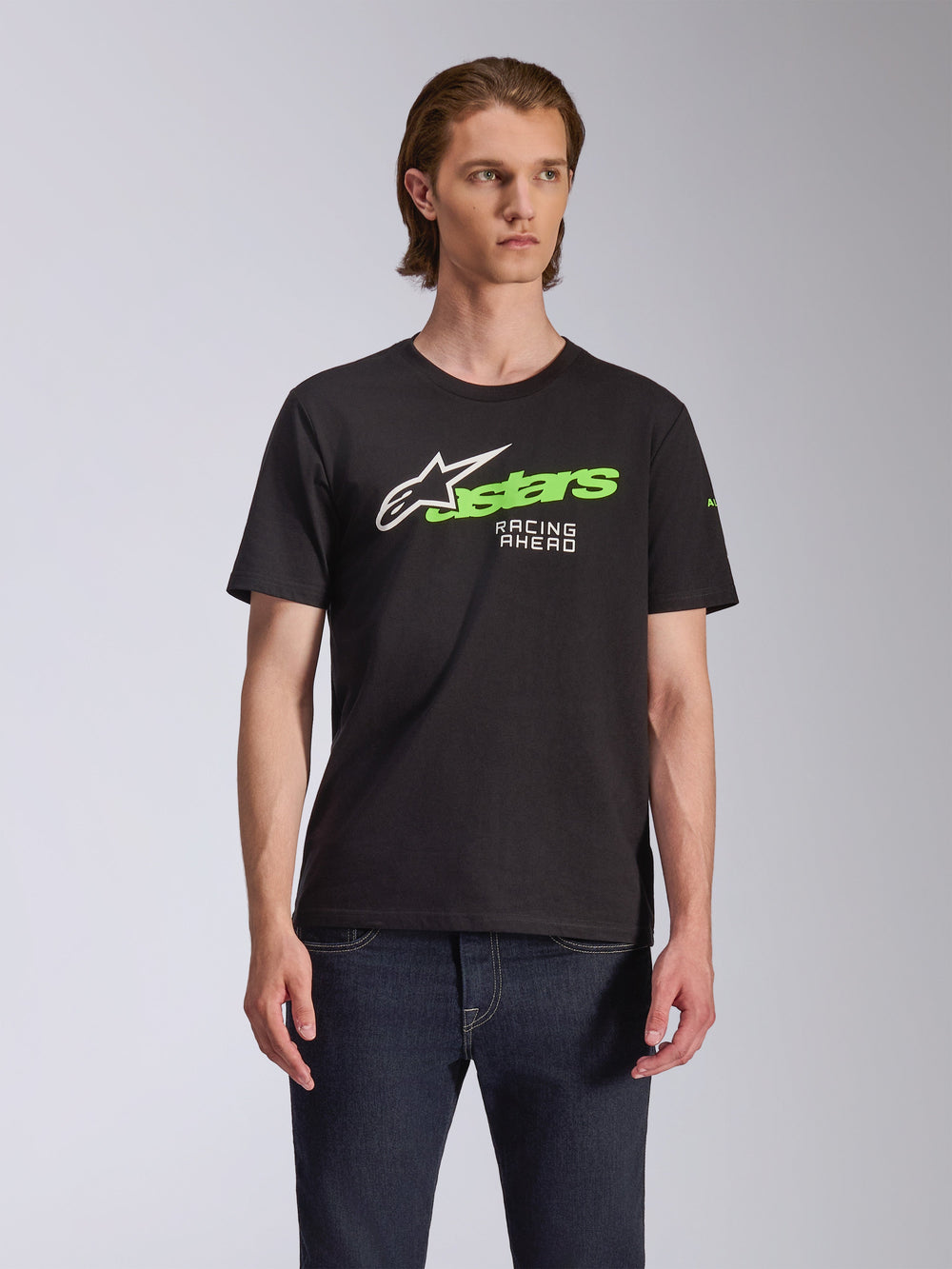 Alpinestars Entitled CSF Tee, Short Sleeve T-Shirt, Black, featuring a white and lime green Alpinestars logo with 'Racing Ahead' text, casual motorsport-inspired design