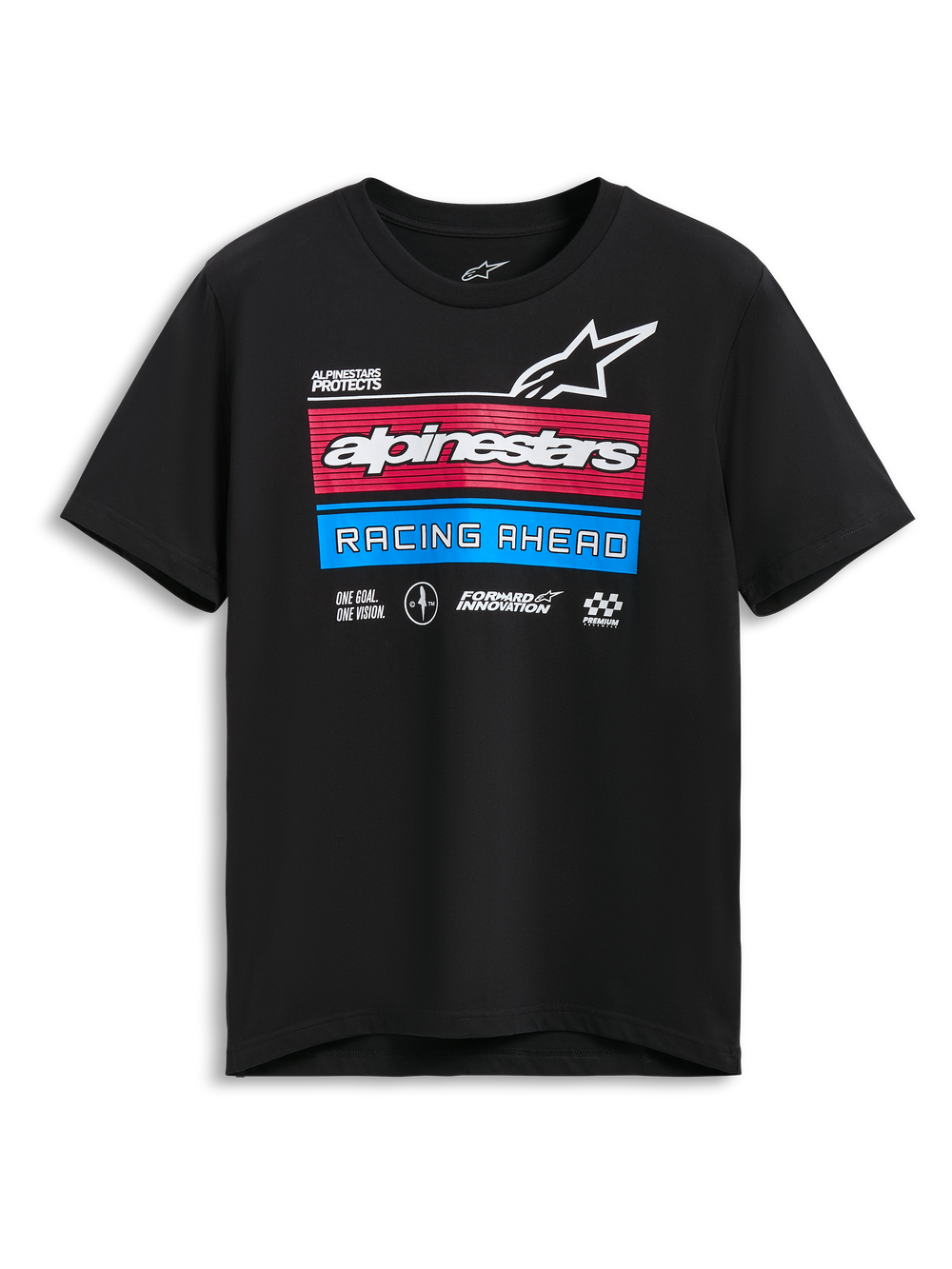 Alpinestars Harken CSF Tee, Short Sleeve T-Shirt, Black, featuring race-spec multi-logos with red and blue striped accents and 
