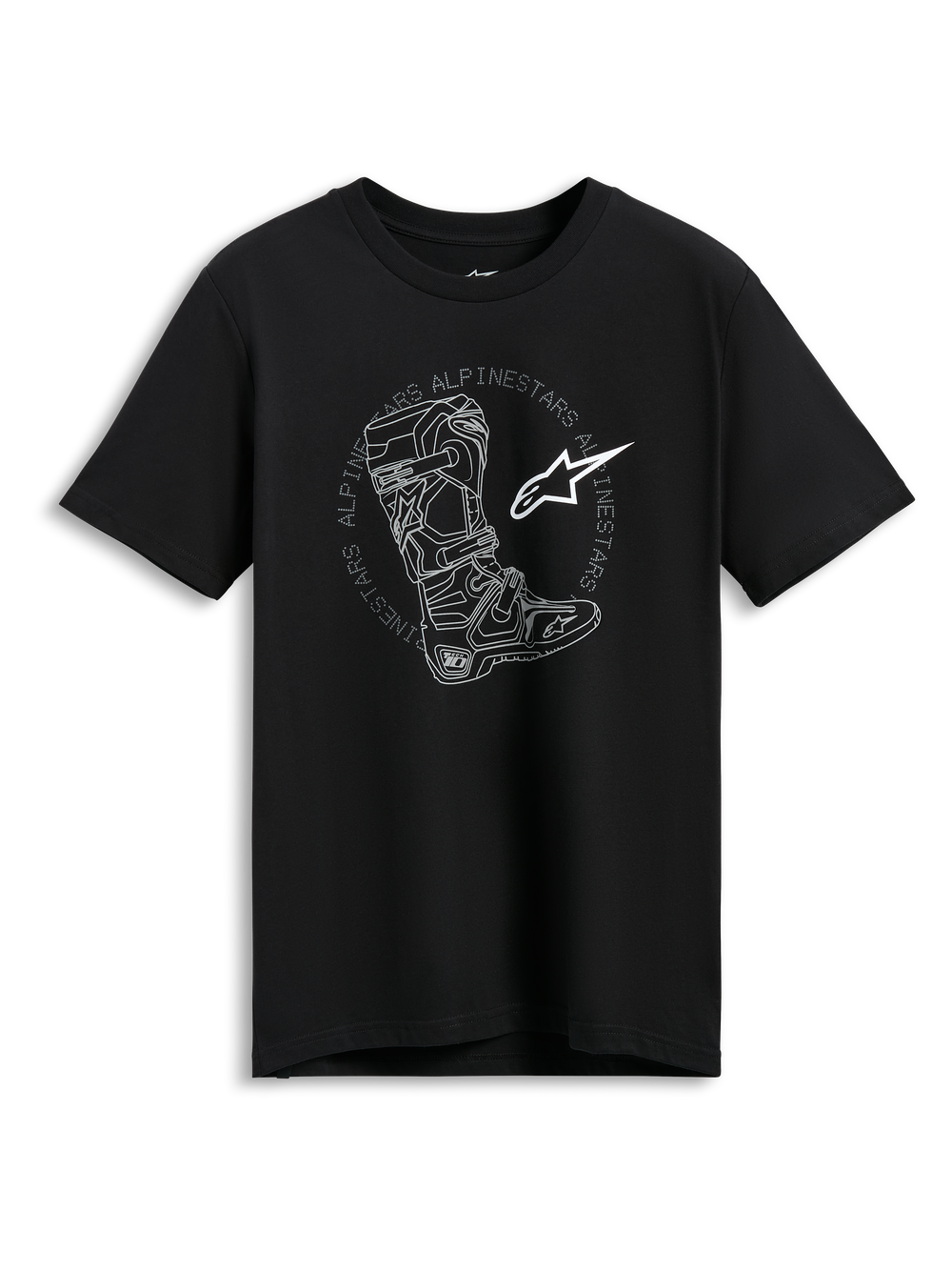 Alpinestars Tech Boot CSF T-Shirt, black short sleeve sportswear tee with a white motocross boot and star logo graphic.