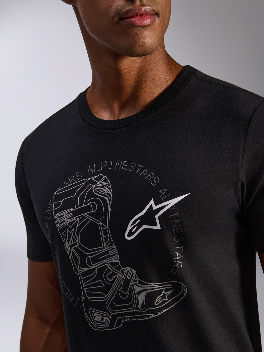 Alpinestars Tech Boot CSF T-Shirt, Black Unisex Sportswear Tee, featuring a Tech 10 motocross boot and white star logo.