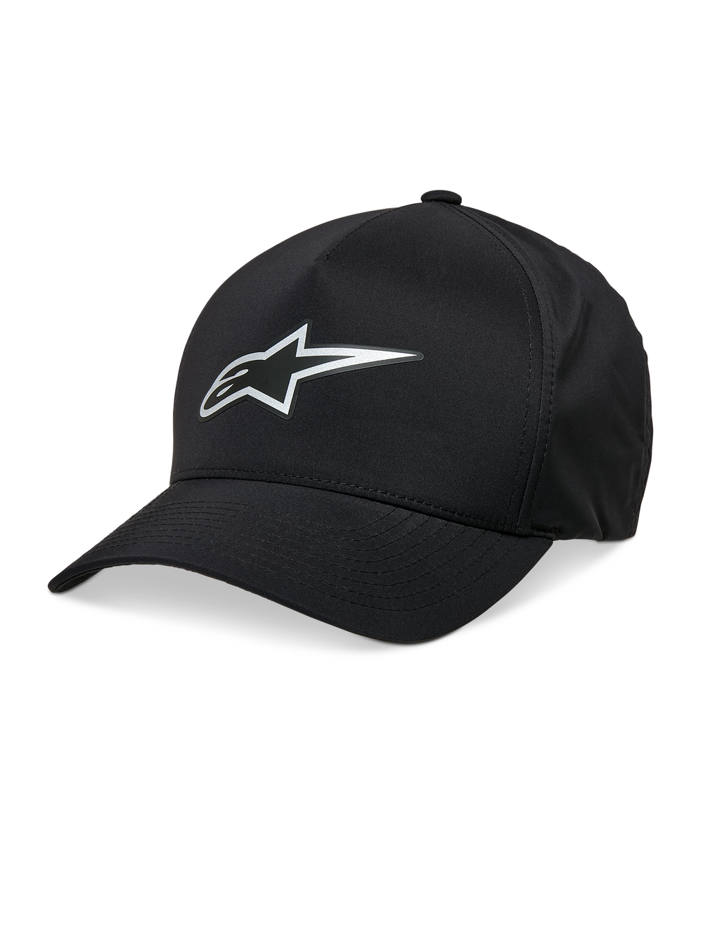 Alpinestars Ageless Reflex Waterproof Hat, Black Baseball Cap, Curved Brim, Silver Reflective Astars Logo, Structured Crown, Waterproof Technical Fabric, Casual Motorsport Headwear