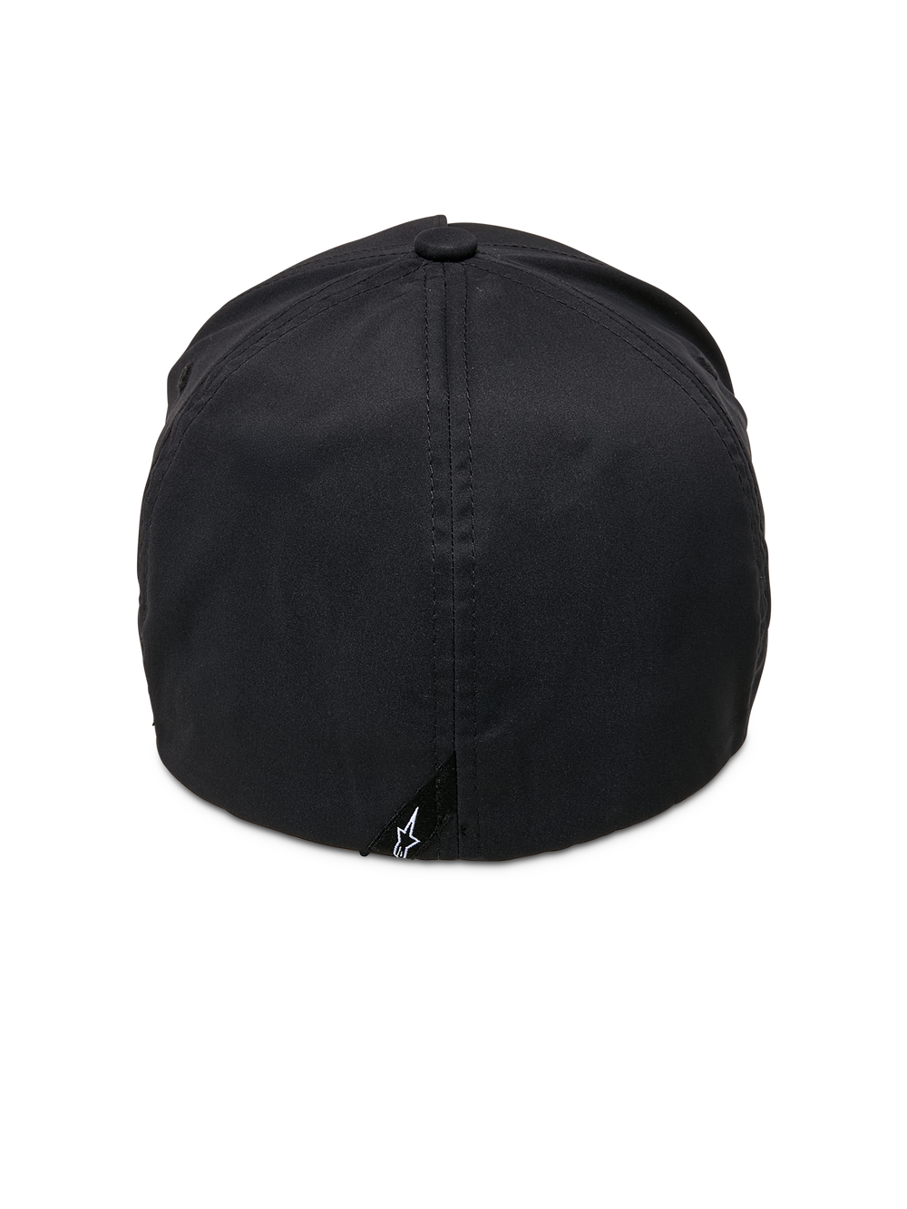 Alpinestars Ageless Reflex Waterproof Hat, Black, Back View, featuring flex-back construction, technical waterproof fabric, and a small black tag with the white Astars logo at the base.