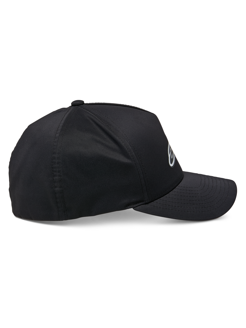 Alpinestars Ageless Reflex Waterproof Hat, Black, side profile view, curved bill with structured crown, technical waterproof fabric with reflective logo detail, casual performance headwear