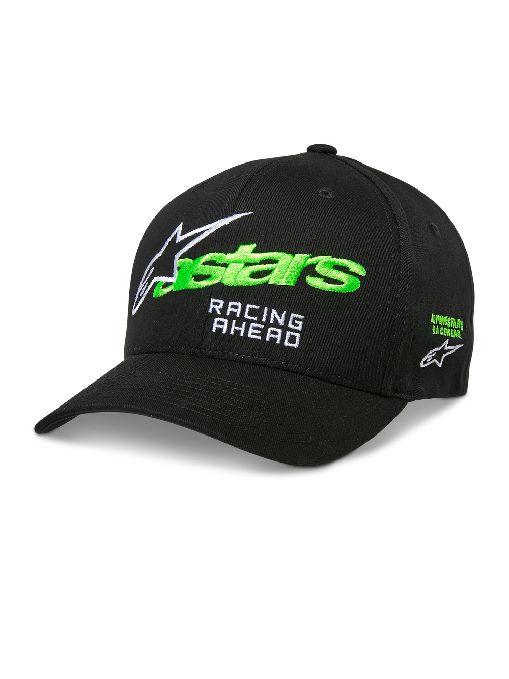 Alpinestars Entitled Hat, Black Baseball Cap with Green and White Embroidery, Curved Brim, Racing Ahead Logo, Unisex Motorsports Headwear