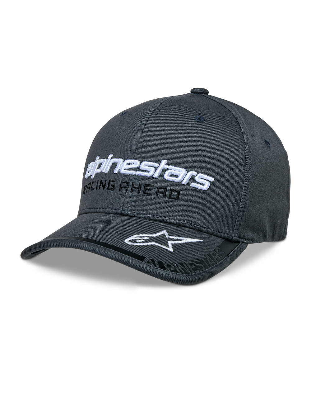 Alpinestars Indent Hat, Dark Gray Baseball Cap, White Embroidered Logo, Racing Ahead Text, Curved Brim with Star Logo, Six-Panel Structured Design