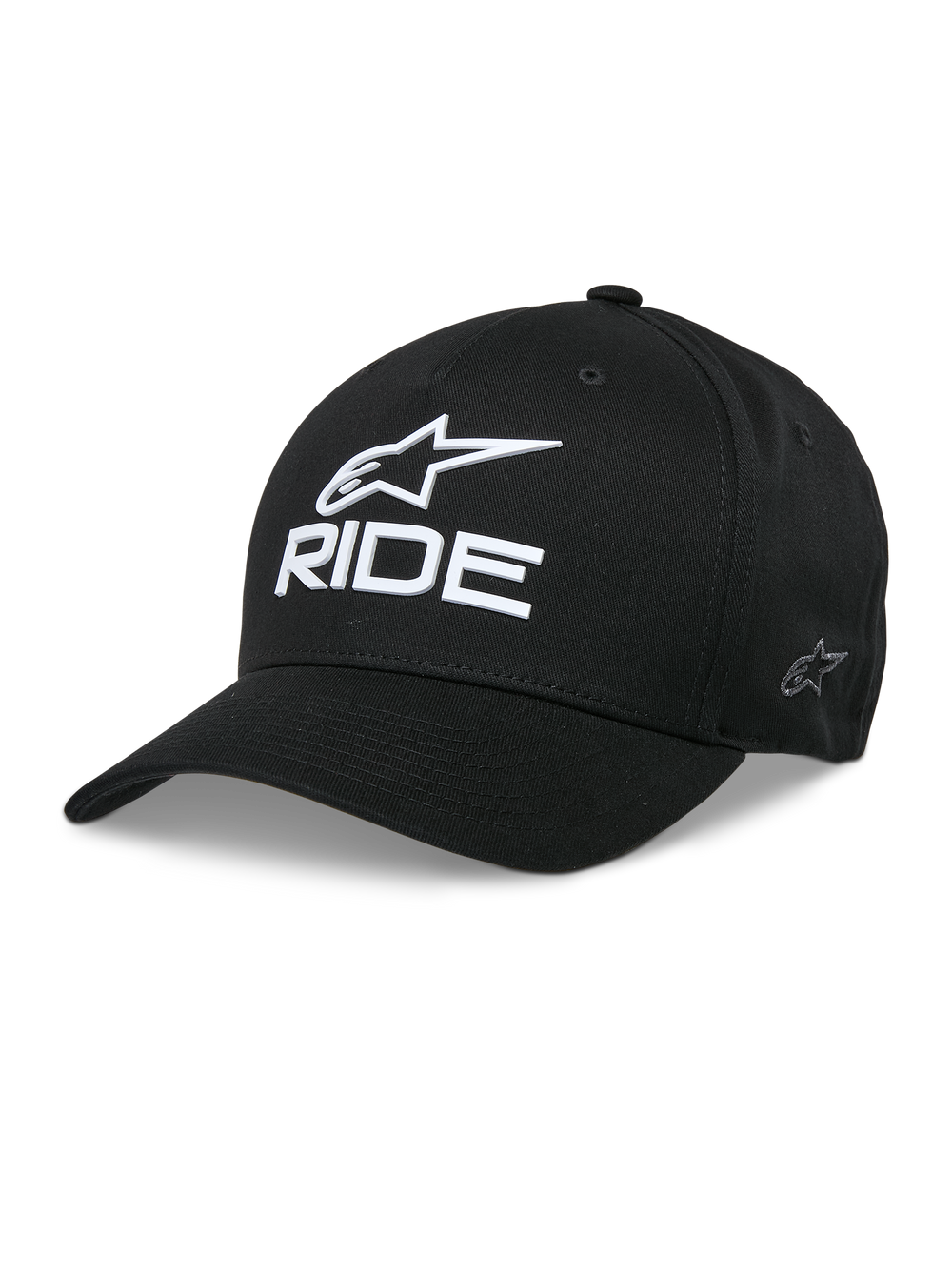 Alpinestars Ride Sonic Hat, Black Baseball Cap, White 3D Embroidered Star Logo and RIDE Text, Curved Bill, Structured Crown, Casual Motorsport Headwear