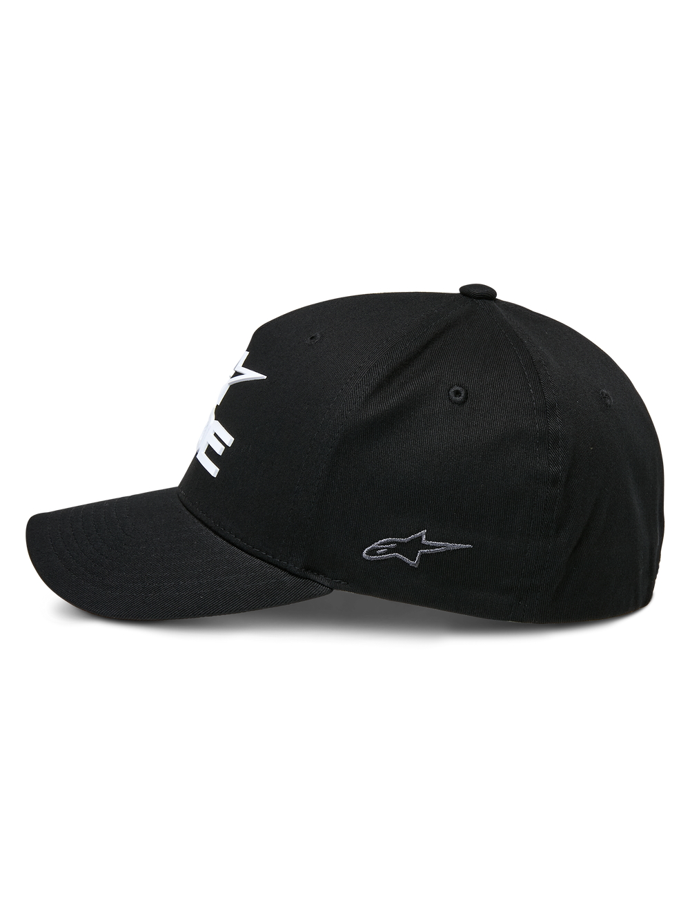 Alpinestars Ride Sonic Hat, structured baseball cap, Black, side profile view featuring a curved bill and small grey embroidered star logo on the side panel, stretch twill fabric, casual motorsport headwear