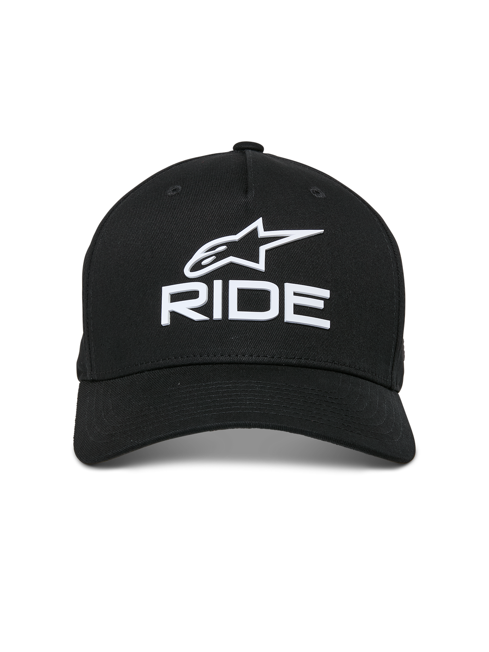Alpinestars Ride Sonic Hat, Black, features white 3D embroidered logo with the Alpinestars star and 'RIDE' lettering, curved bill, structured crown, casual motorsport-inspired streetwear