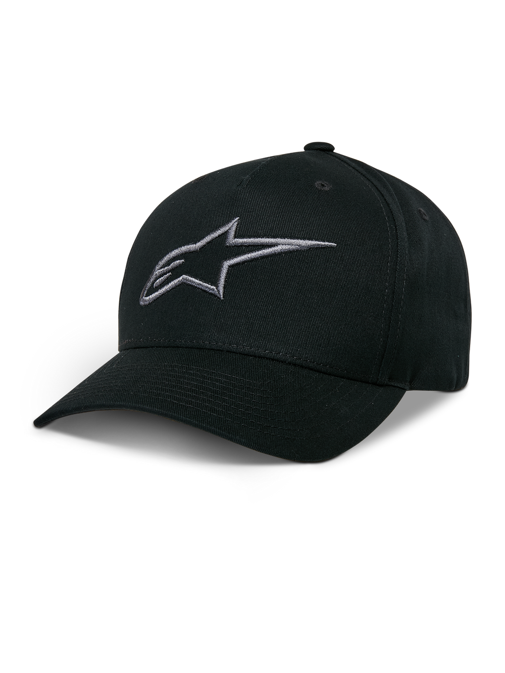 Alpinestars Ageless Snapback Hat, Black Baseball Cap with Charcoal Embroidered Star Logo, Curved Bill, Structured Crown, Casual Motorsport Headwear