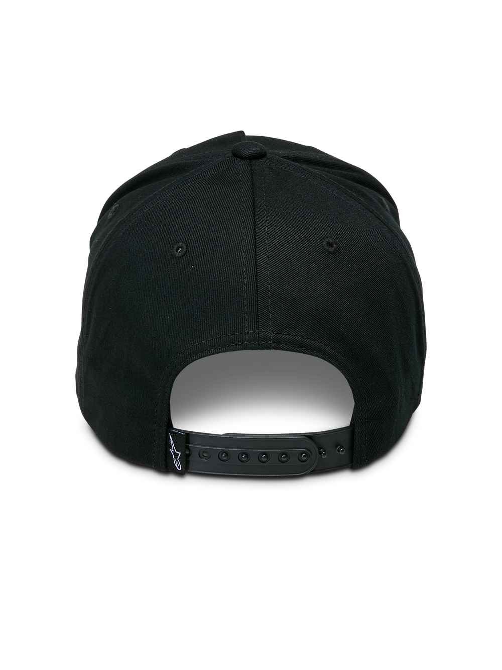 Alpinestars Ageless Snapback Hat, Black, rear view featuring adjustable snapback closure, small woven label with star logo, structured crown in cotton twill, casual motorsport-inspired headwear