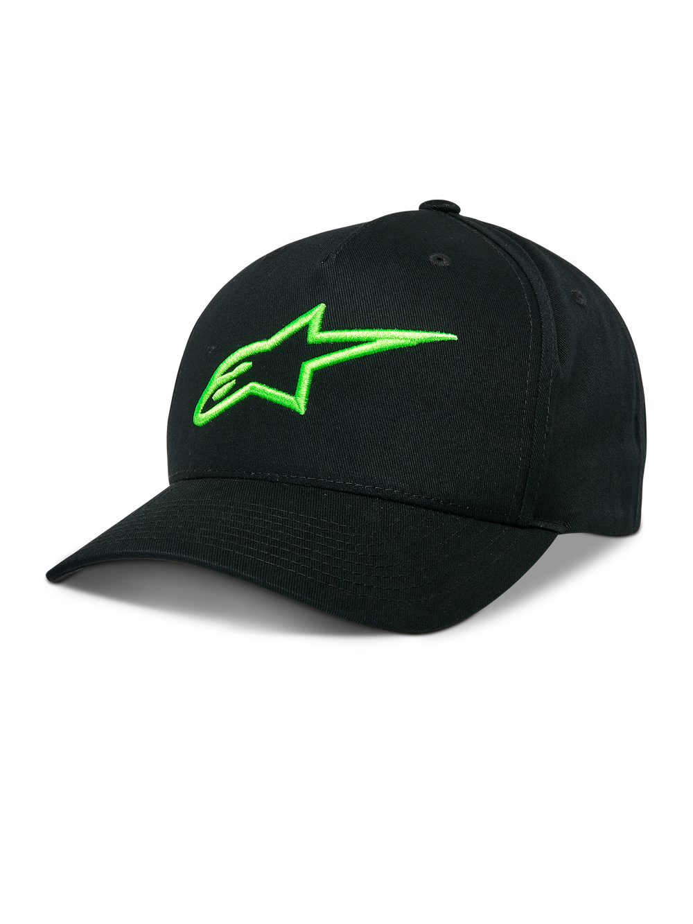 Alpinestars Ageless Snapback Hat, Black Baseball Cap with Neon Green Astar Logo, Curved Bill, Structured Crown, Casual Motorsport Lifestyle Headwear