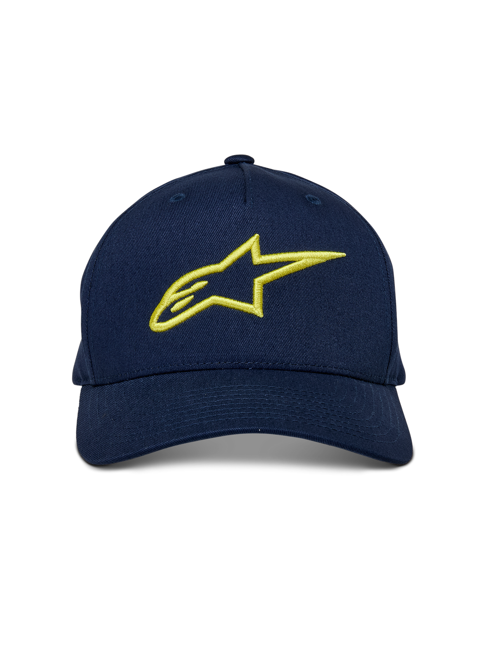 Alpinestars Ageless Snapback Hat, Navy Blue and Hi-Vis Yellow, front-facing view, curved bill with structured crown, large yellow 3D embroidered Astar logo, casual motorsport-inspired streetwear