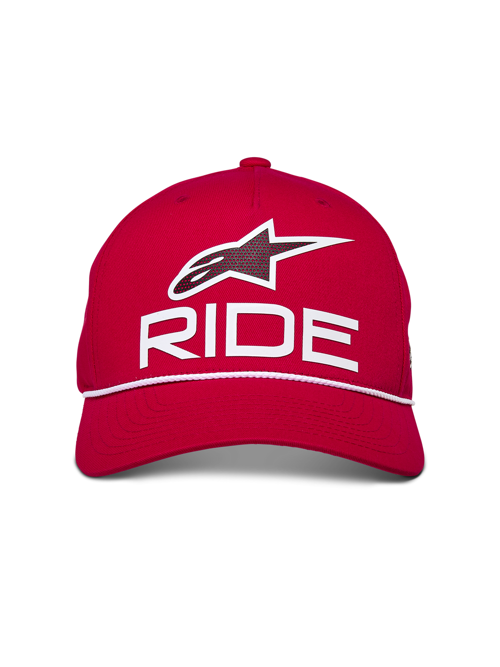 Alpinestars Ride Comp Snapback Hat, Red with White and Black, featuring 3D Astars Ride logo and white braided rope trim, structured crown with curved bill, casual motorsport-inspired headwear