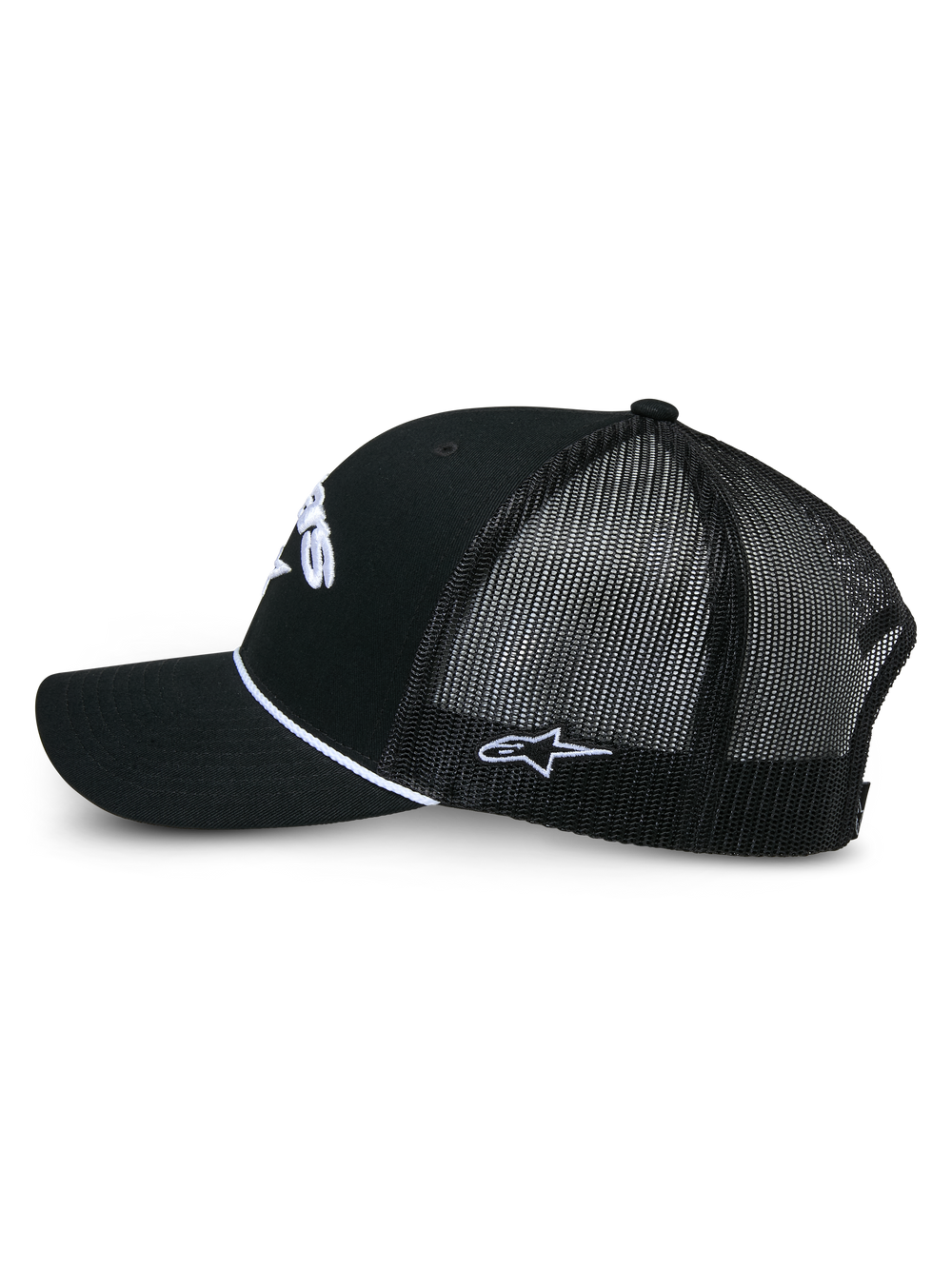 Alpinestars Agree Trucker Hat, Black trucker cap, side view showing black twill front and mesh back, white braided rope detail, white embroidered logos, casual motorsport-inspired headwear