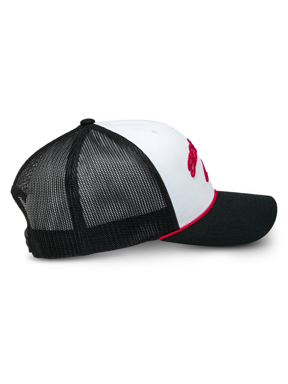 Alpinestars Agree Trucker Hat, side view, white front panel with black mesh back and black bill, red braided rope accent, red embroidered Astars logo, casual motorsport headwear
