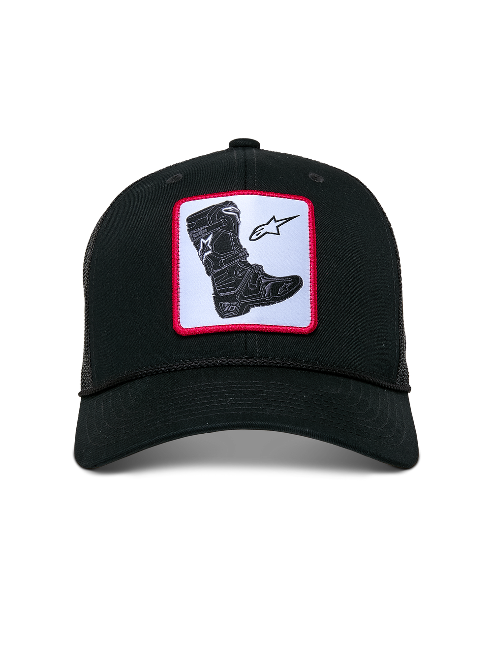 Alpinestars Booted Trucker Hat, black mesh-back cap, features a front woven patch with a Tech Boot graphic and star logo on a white background with a red border, curved bill with braided rope trim, casual motorsport streetwear