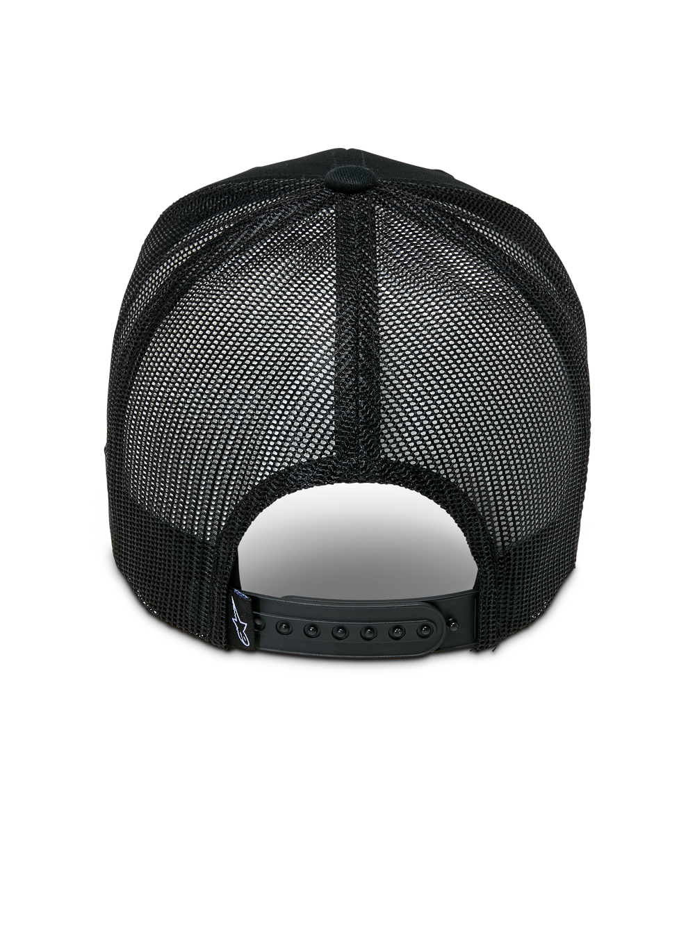 Alpinestars Booted Trucker Hat, rear view, black poly mesh back for ventilation, adjustable snapback closure with small logo detail, casual motorsport-inspired headwear
