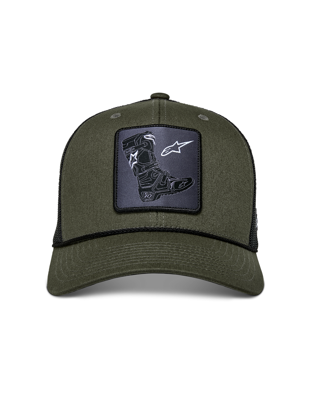 Alpinestars Booted Trucker Hat, Military Green and Black, featuring a front Tech Boot woven patch, curved bill with black braided rope trim, structured cotton twill front and breathable mesh back, casual motorsport headwear