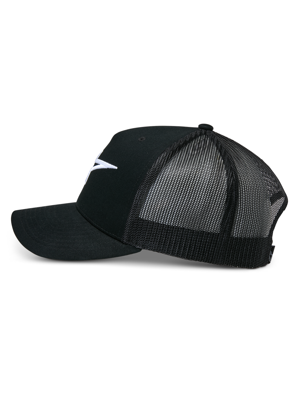 Alpinestars Ageless Trucker Hat, Black, side profile view, structured cotton twill front with white embroidered Astars logo, breathable black mesh back, curved bill, casual motorsport headwear