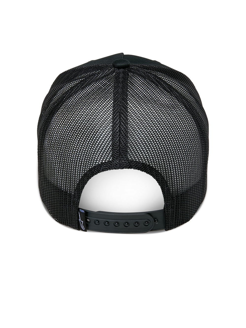 Alpinestars Ageless Trucker Hat, Black, Rear View, featuring black mesh back panels, adjustable snapback closure, and small Astars logo label on the back, casual motorsport-inspired headwear
