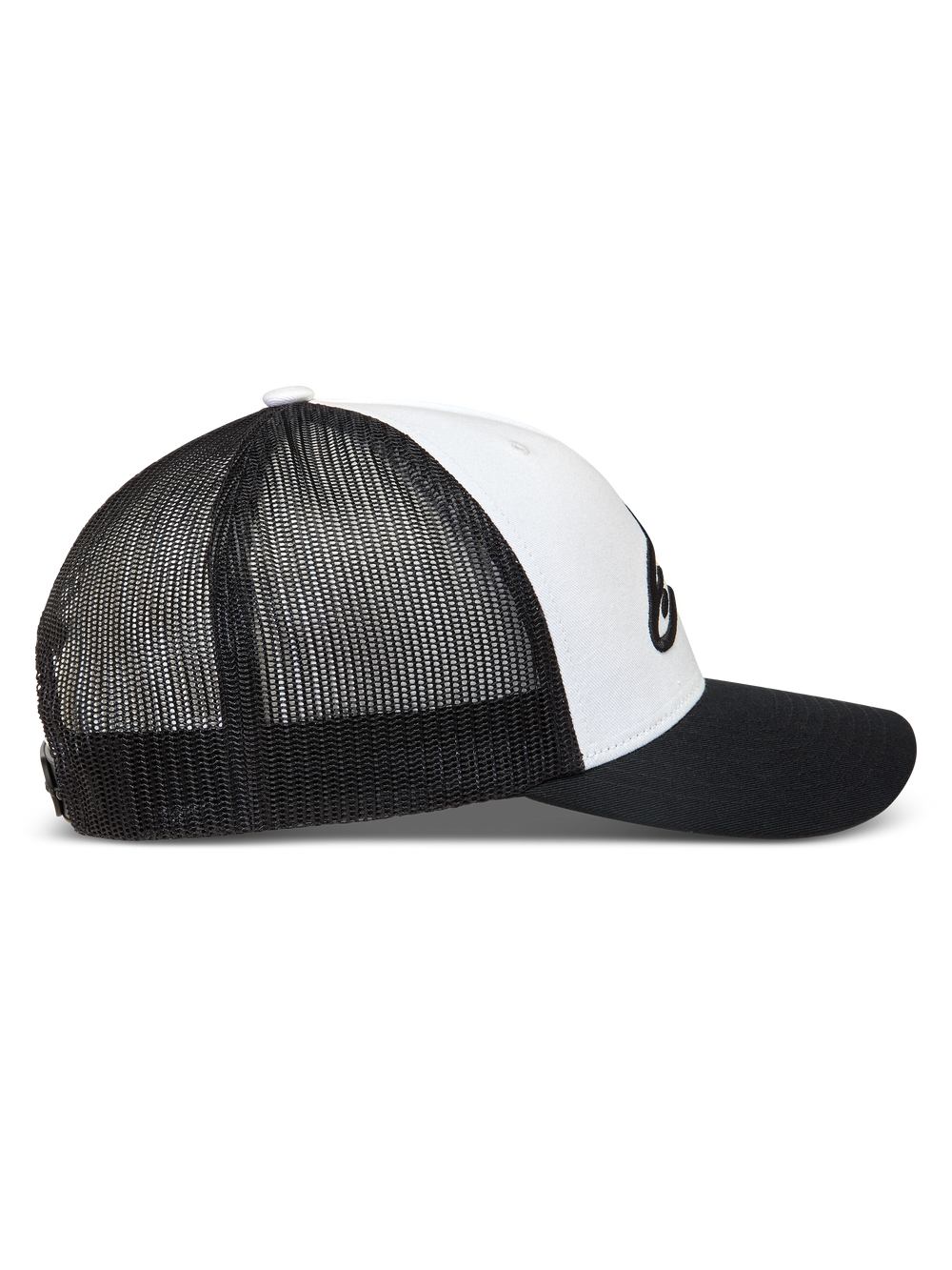 Alpinestars Ageless Snapback Hat, sportswear trucker cap in Black and White with mesh back and curved bill.