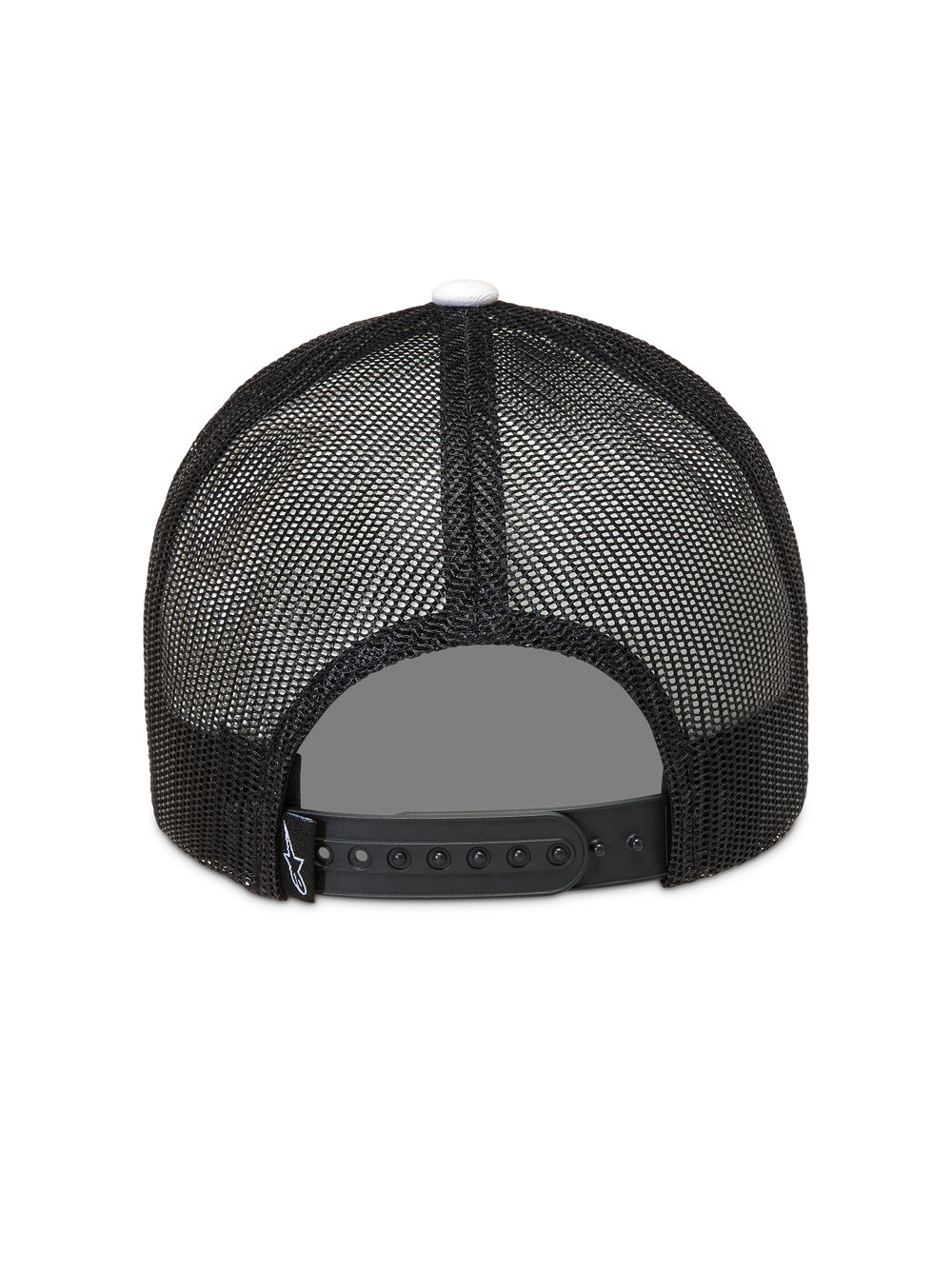 Alpinestars Ageless Snapback Hat, black trucker style mesh back with adjustable snap closure and white top button.