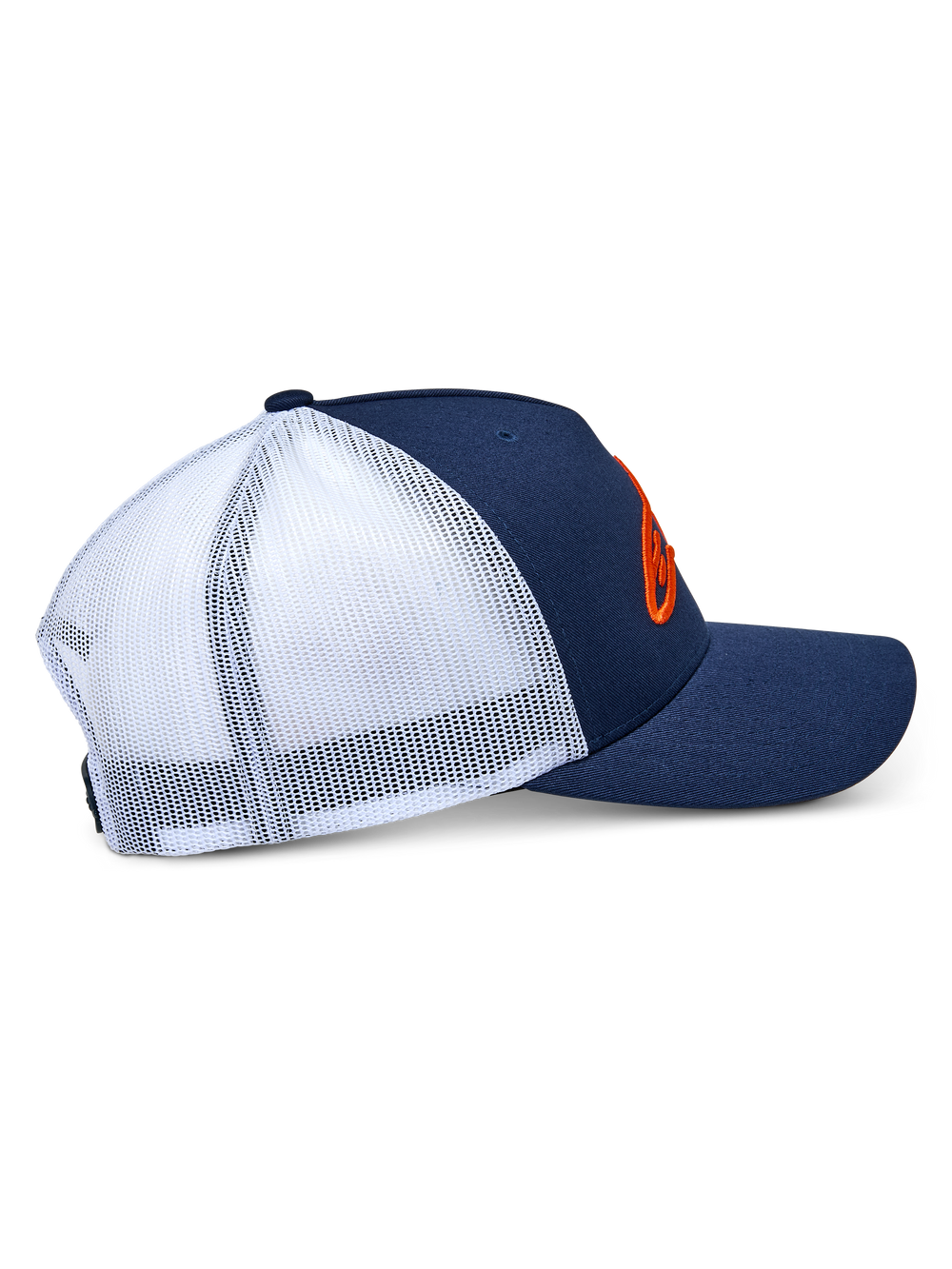 Alpinestars Ageless Trucker Hat, side profile view, Navy Blue and White, featuring a navy twill front and bill with breathable white mesh back, orange 3D embroidered Astars logo, casual motorsport-inspired headwear