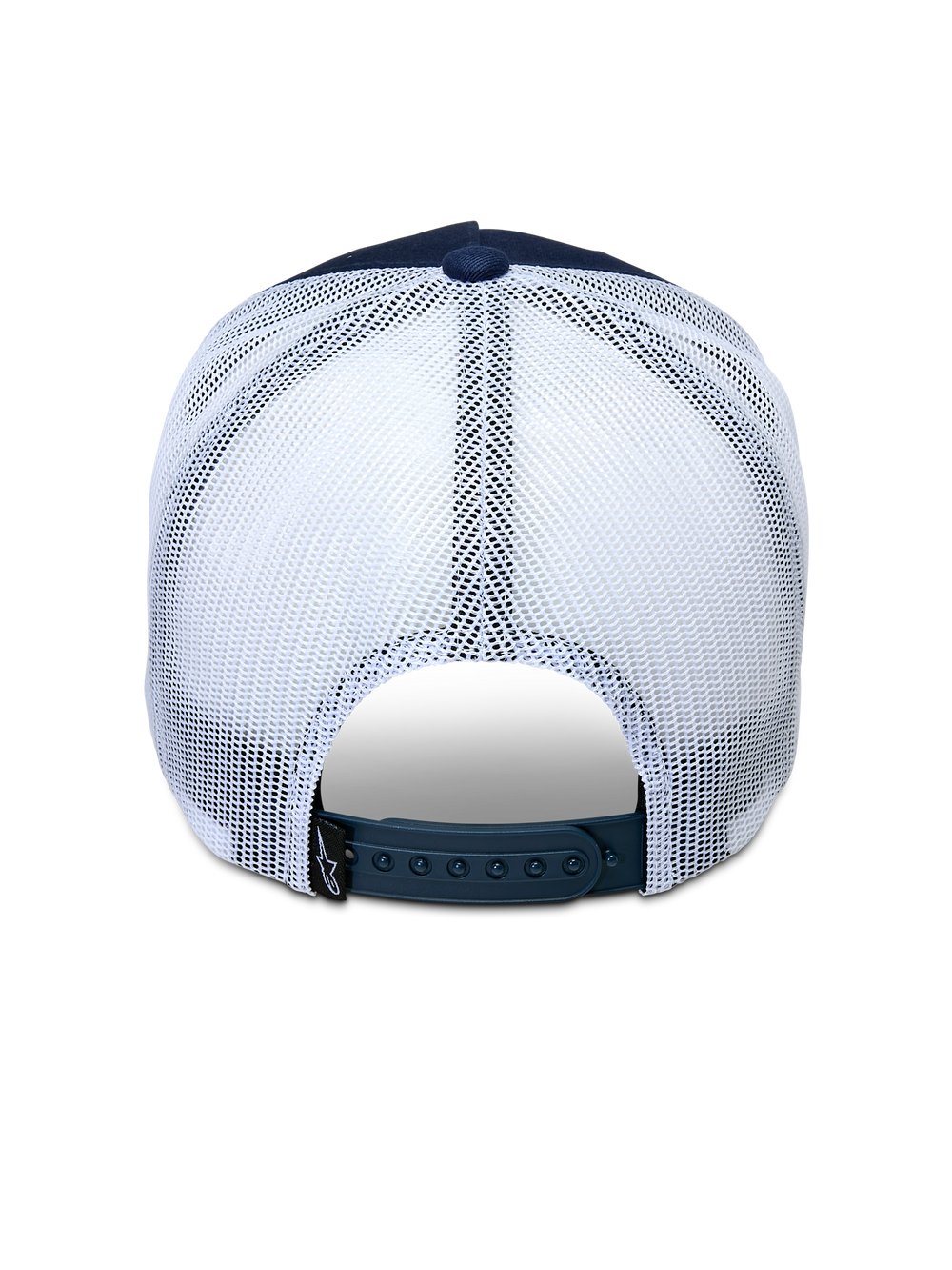 Alpinestars Ageless Trucker Hat, Navy Blue and White, Rear view showing the adjustable snapback closure and white mesh panels, classic trucker hat design with breathable back, casual motorsport-inspired headwear