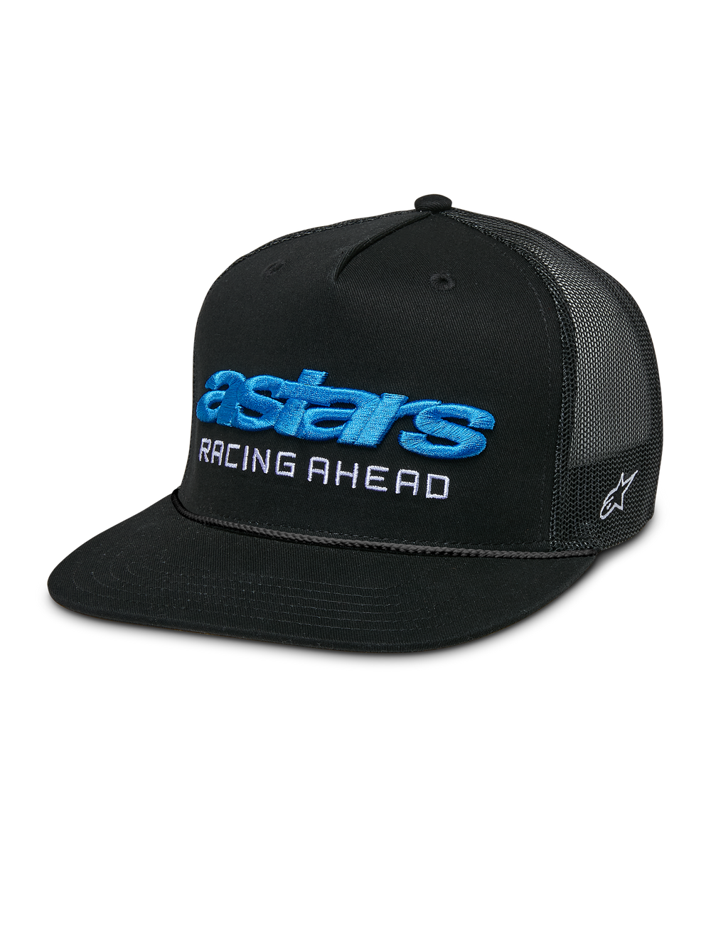 Alpinestars Notice Trucker Hat, Black snapback cap with mesh back and flat bill, featuring blue 3D embroidered 'astars' logo and white 'RACING AHEAD' text, structured crown with braided rope detail, casual motorsports-inspired style.