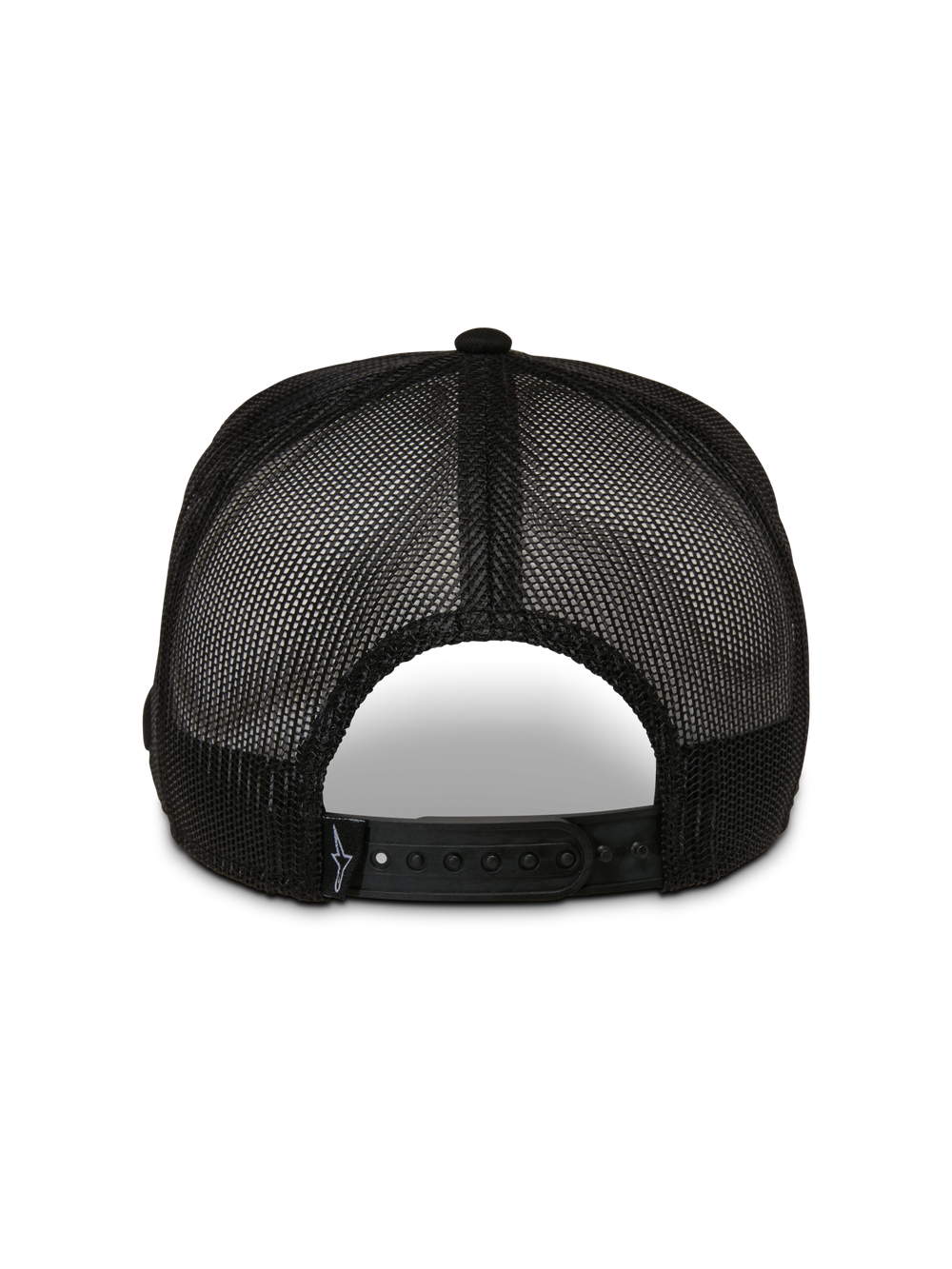 Alpinestars Control Trucker Hat, Back View, Black, featuring breathable mesh panels and an adjustable snapback closure, casual motorsport headwear