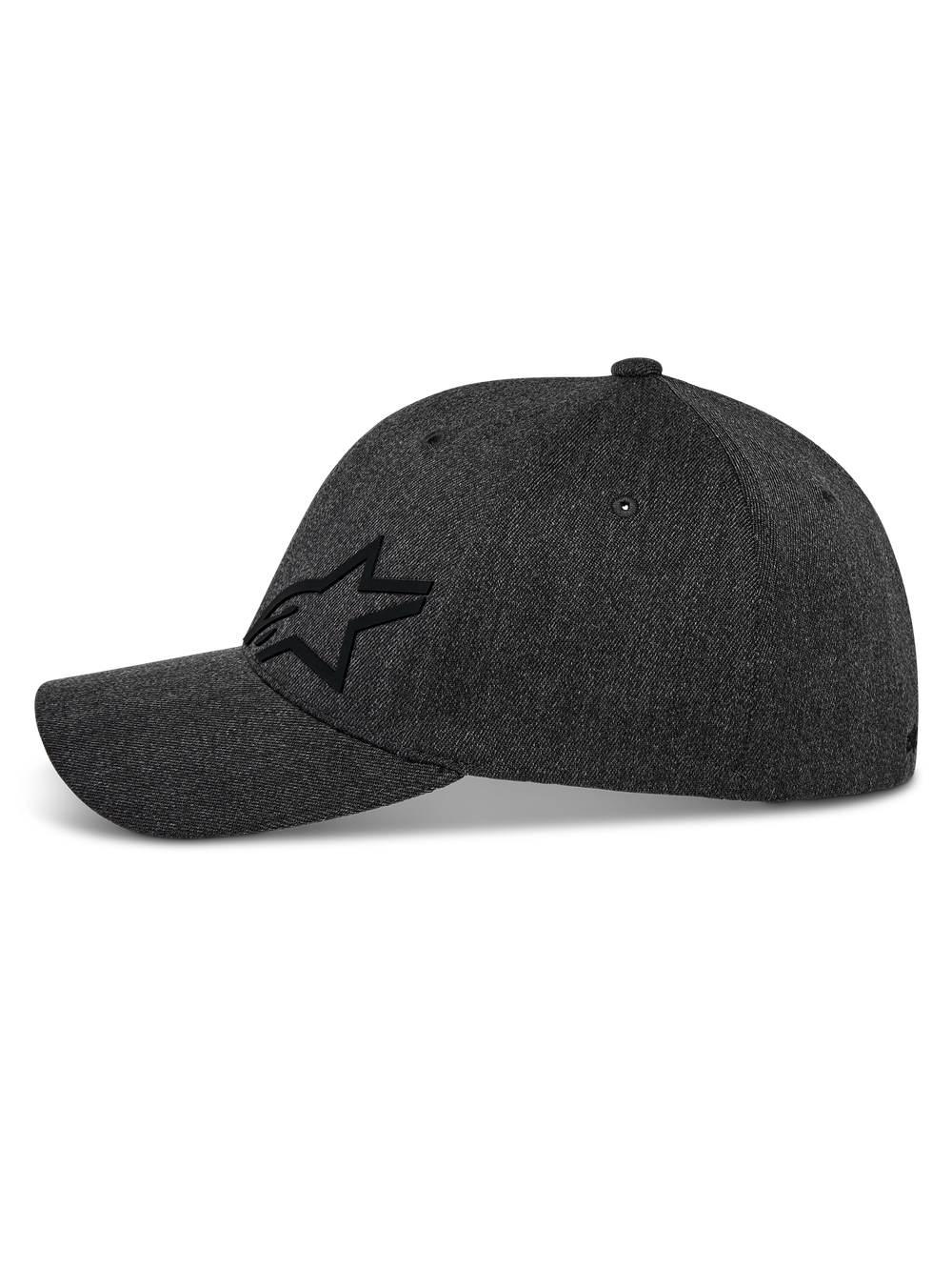 Alpinestars Corp Shift Multi Hat, Baseball Cap, Dark Grey Heather, side profile featuring black 3D Astars star logo, curved bill, structured crown, stretch twill fabric, casual motorsport-inspired headwear