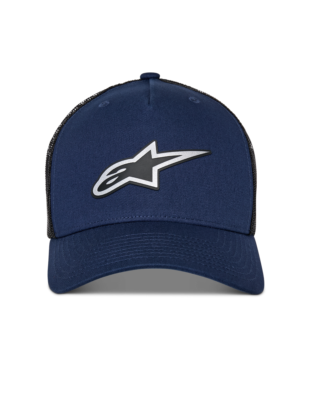 Alpinestars Reflect Ageless Trucker Hat, Navy Blue and Black mesh, front reflective HD Astars logo, curved bill, structured crown, casual motorsport headwear