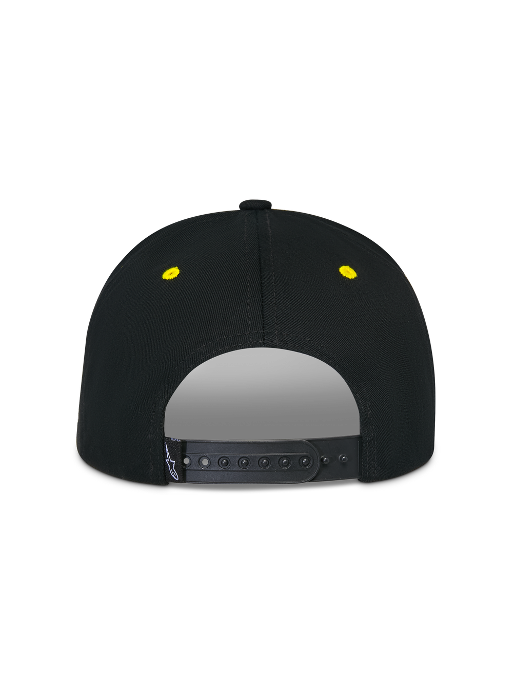 Alpinestars Thickness Snapback Hat, Black and Hi-Vis Yellow, back view featuring adjustable snapback closure, yellow embroidered eyelets, structured crown, casual motorsport headwear