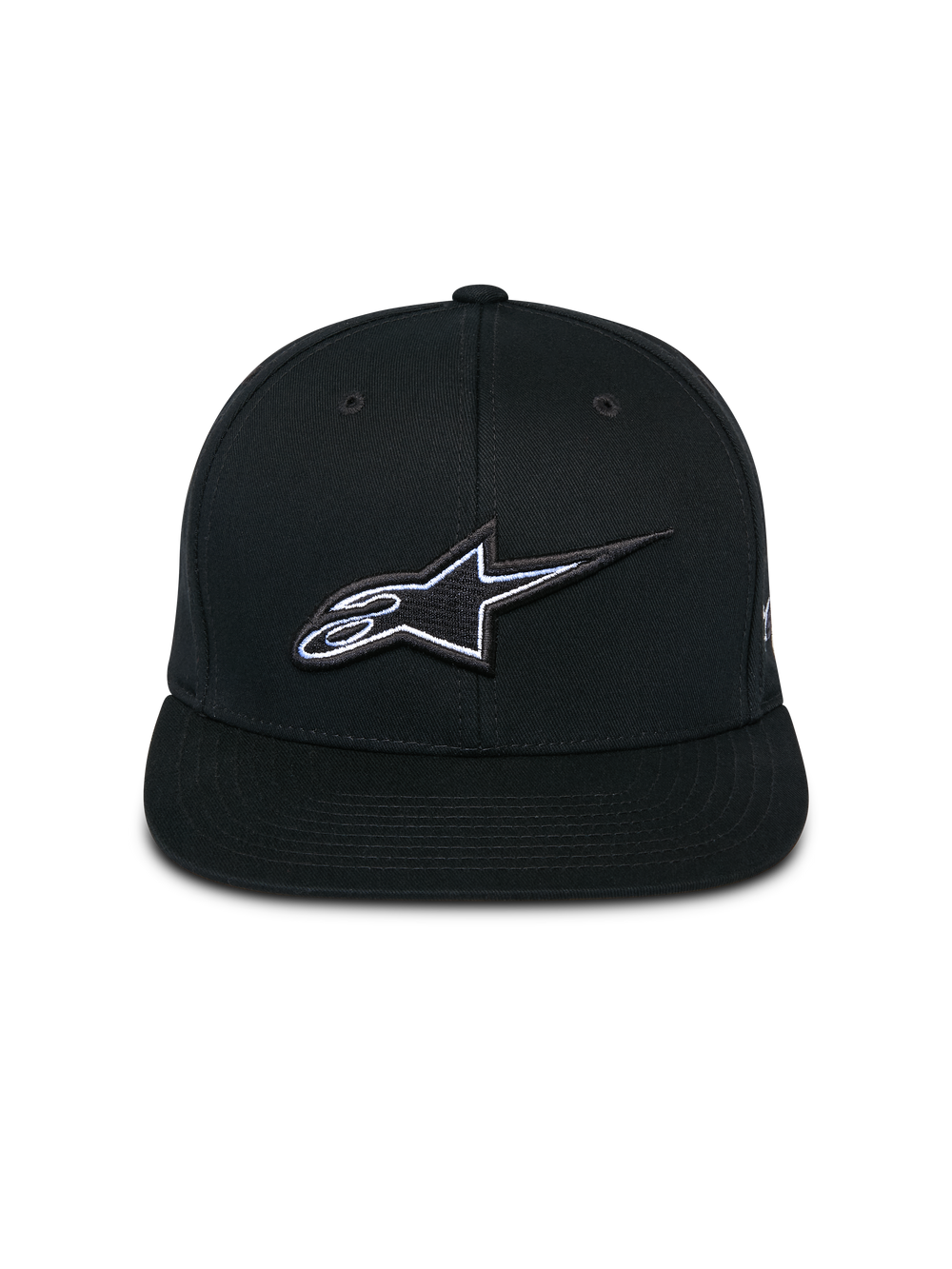 Alpinestars Thickness Snapback Hat, Black, front view featuring structured crown and flat bill, 3D embroidered Astars logo with white and light blue detailing, casual motorsport-inspired streetwear