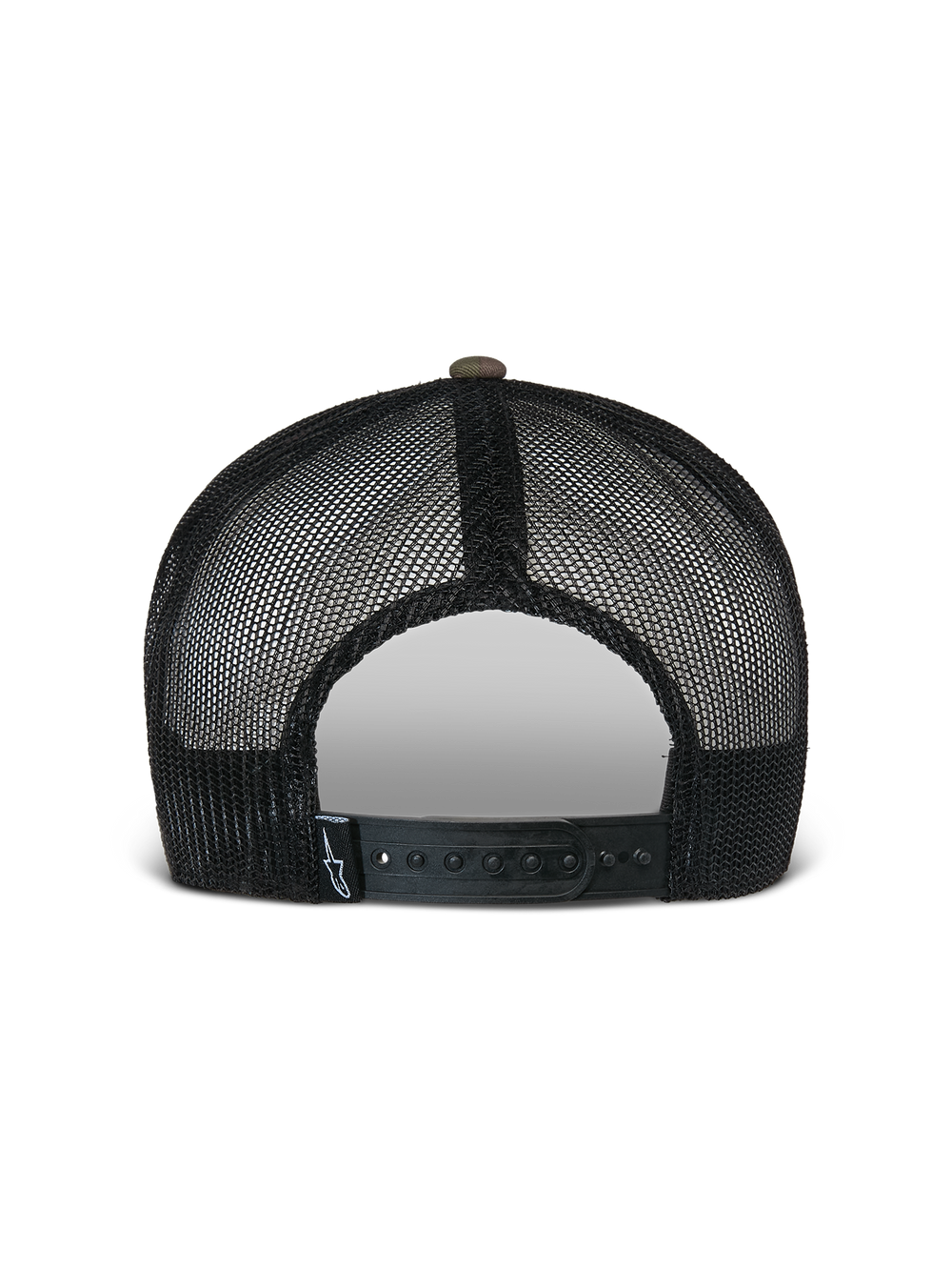 Alpinestars Flag Flat Trucker Hat, Green Camo and Black, back view featuring breathable black mesh panels and an adjustable snapback closure with a small logo label, casual motorsport-inspired headwear