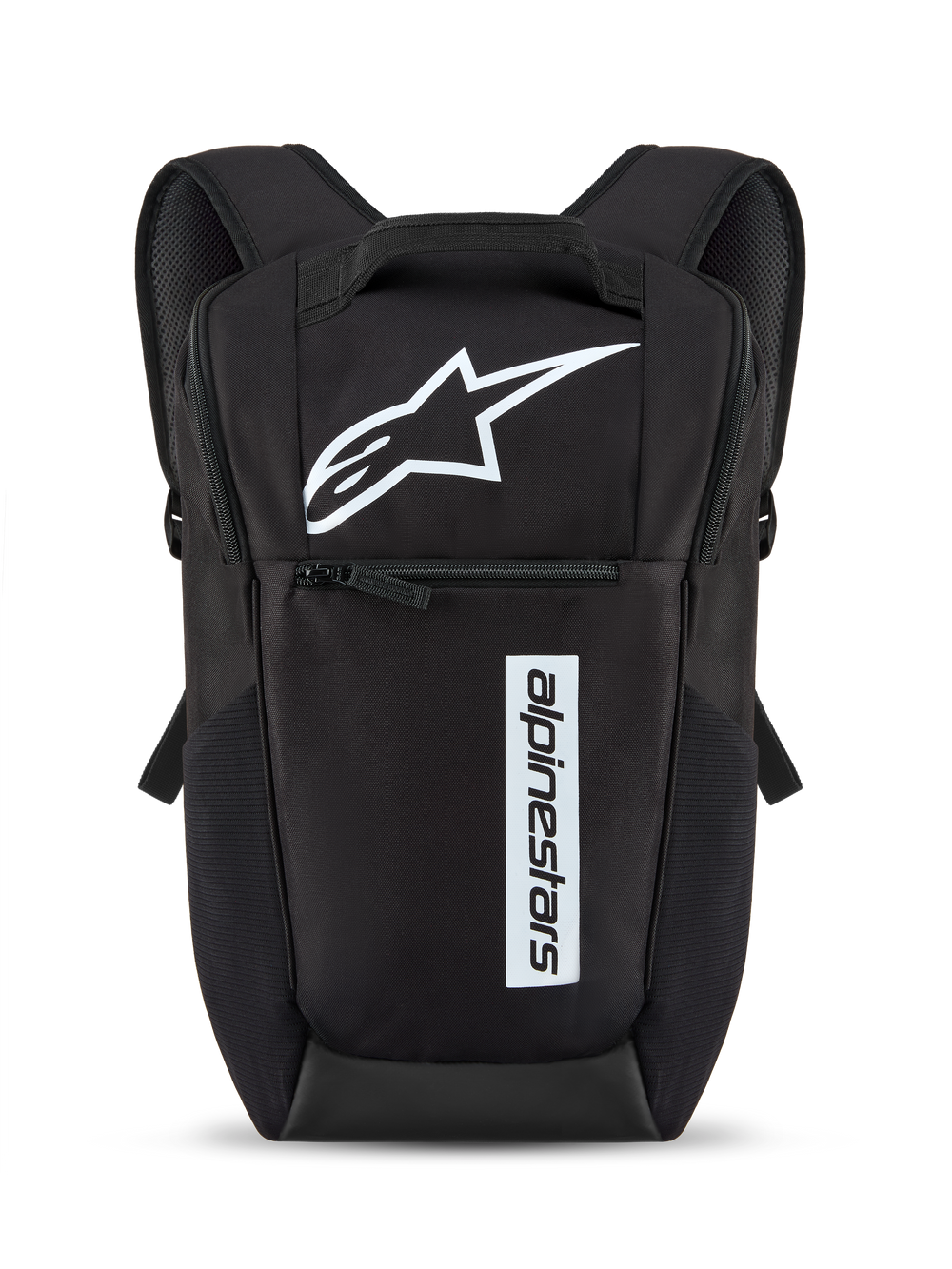 Alpinestars Defcon V3 Backpack, Black and White, small daily backpack featuring white star logo and vertical wordmark branding, front zipper pocket, padded shoulder straps, durable 600D polyester material