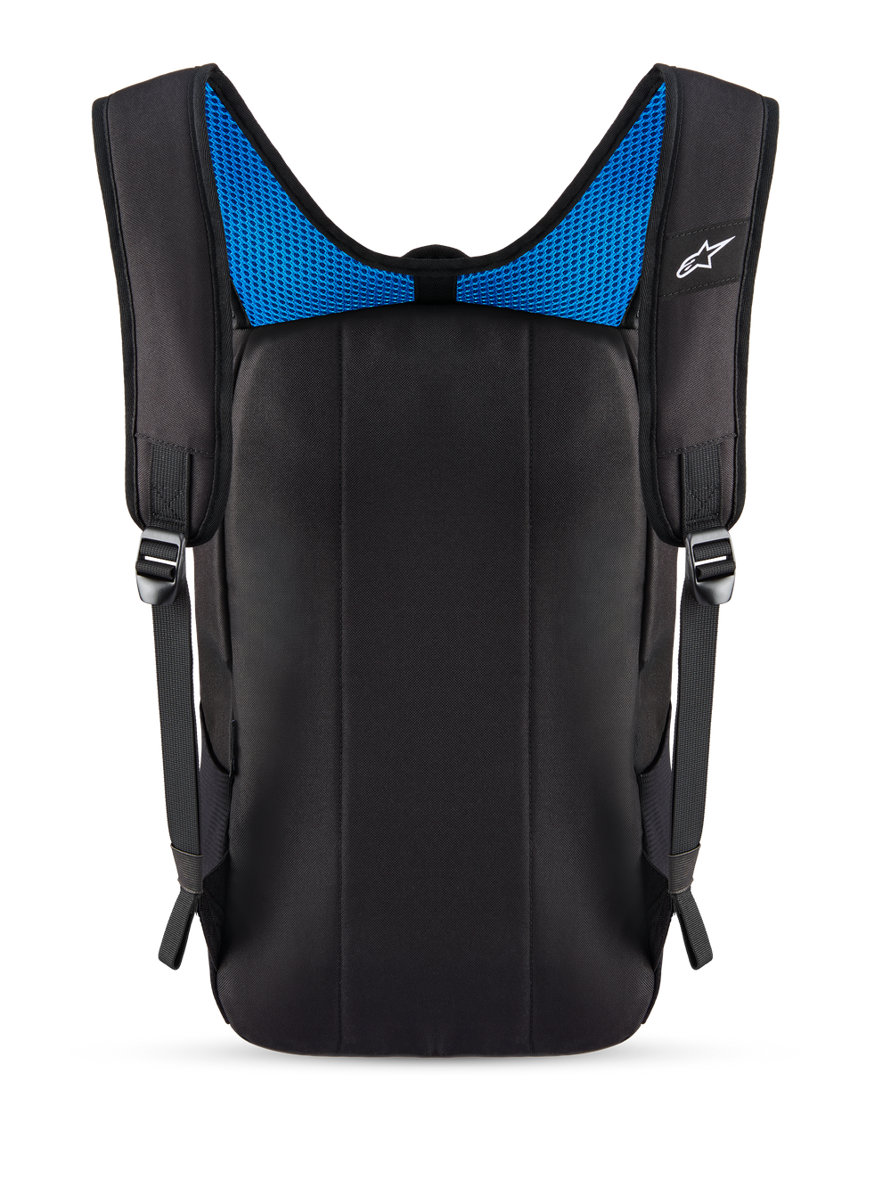 Alpinestars Defcon V3 Backpack, Rear View, Black with Blue Mesh, featuring padded back panel and air mesh shoulder straps, small white Alpinestars logo, durable everyday pack