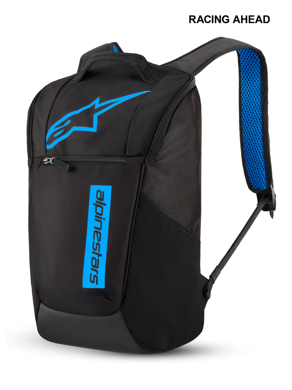 Alpinestars Defcon V3 Backpack, small daily backpack, Black and Blue, featuring a bright blue star logo and vertical text branding, front zipper pocket, and blue air mesh padded shoulder straps, durable sportswear design