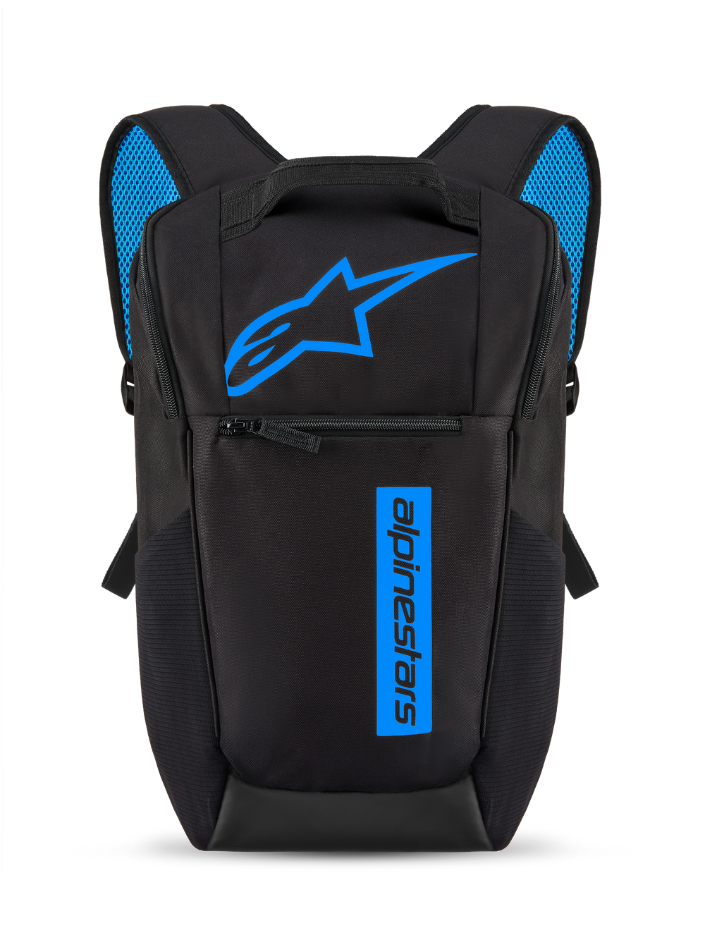 Alpinestars Defcon V3 Backpack, Black and Blue, small daily daypack with bright blue Astars logo and vertical branding, front zipper pocket, padded shoulder straps with blue air mesh, durable 600D polyester material