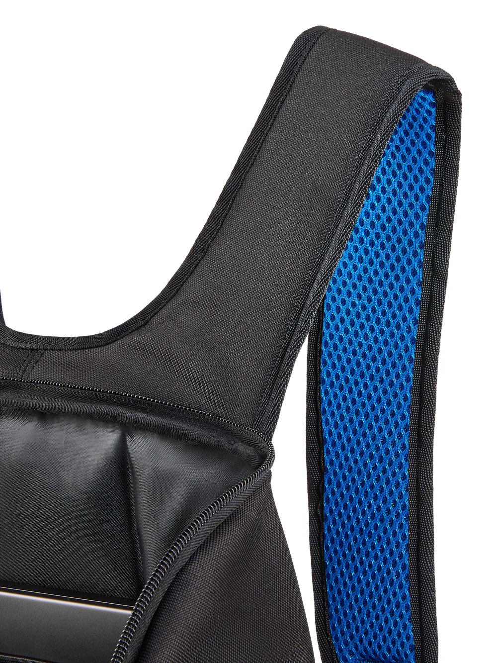 Alpinestars Defcon V3 Backpack, Black and Blue, close-up view of the padded shoulder strap featuring vibrant blue air mesh lining and the open main compartment, durable textile construction for daily casual use.