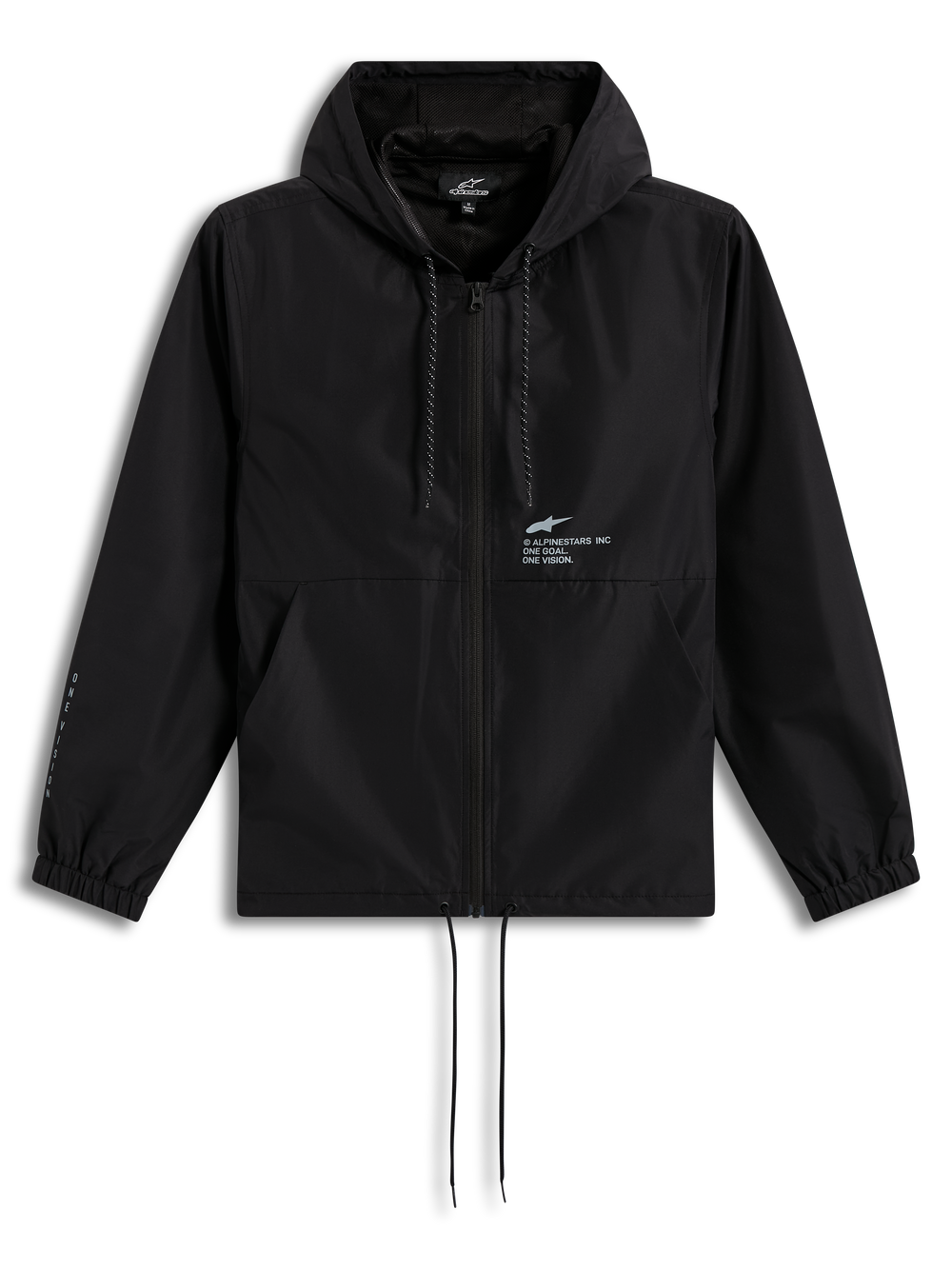Black Alpinestars Speeder Resolve Windbreaker Jacket, lightweight hooded sportswear with a front zipper and chest logo.
