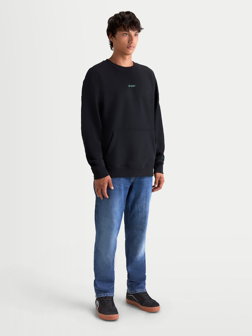Alpinestars Guise Oversized Crew, Premium Sportswear Pullover, Men's Relaxed Oversized Fit, Black with Teal Chest Logo Embroidery, Features Kangaroo Pocket and Ribbed Cuffs, Soft Cotton and Recycled Polyester Fleece