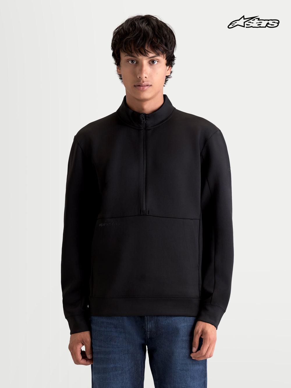 Alpinestars Apera Half-Zip Sweatshirt, casual sportswear pullover in black, front view worn by a model featuring half-zip closure and kangaroo pocket