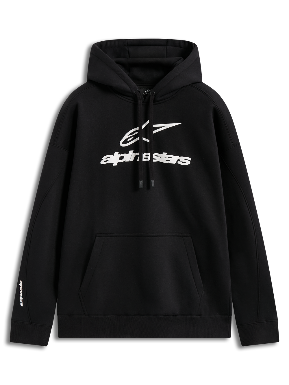 Alpinestars Prelude Oversized Hoodie, Black Sportswear Fleece with White Puff Print Logo and Kangaroo Pocket.