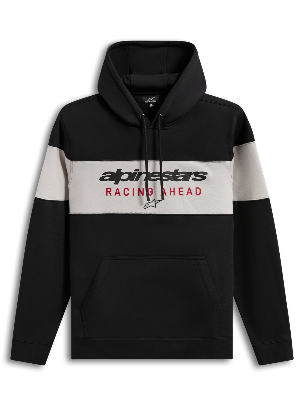 Alpinestars Cubic Hoodie, black and grey color-blocked pullover fleece with Racing Ahead logo and kangaroo pocket.