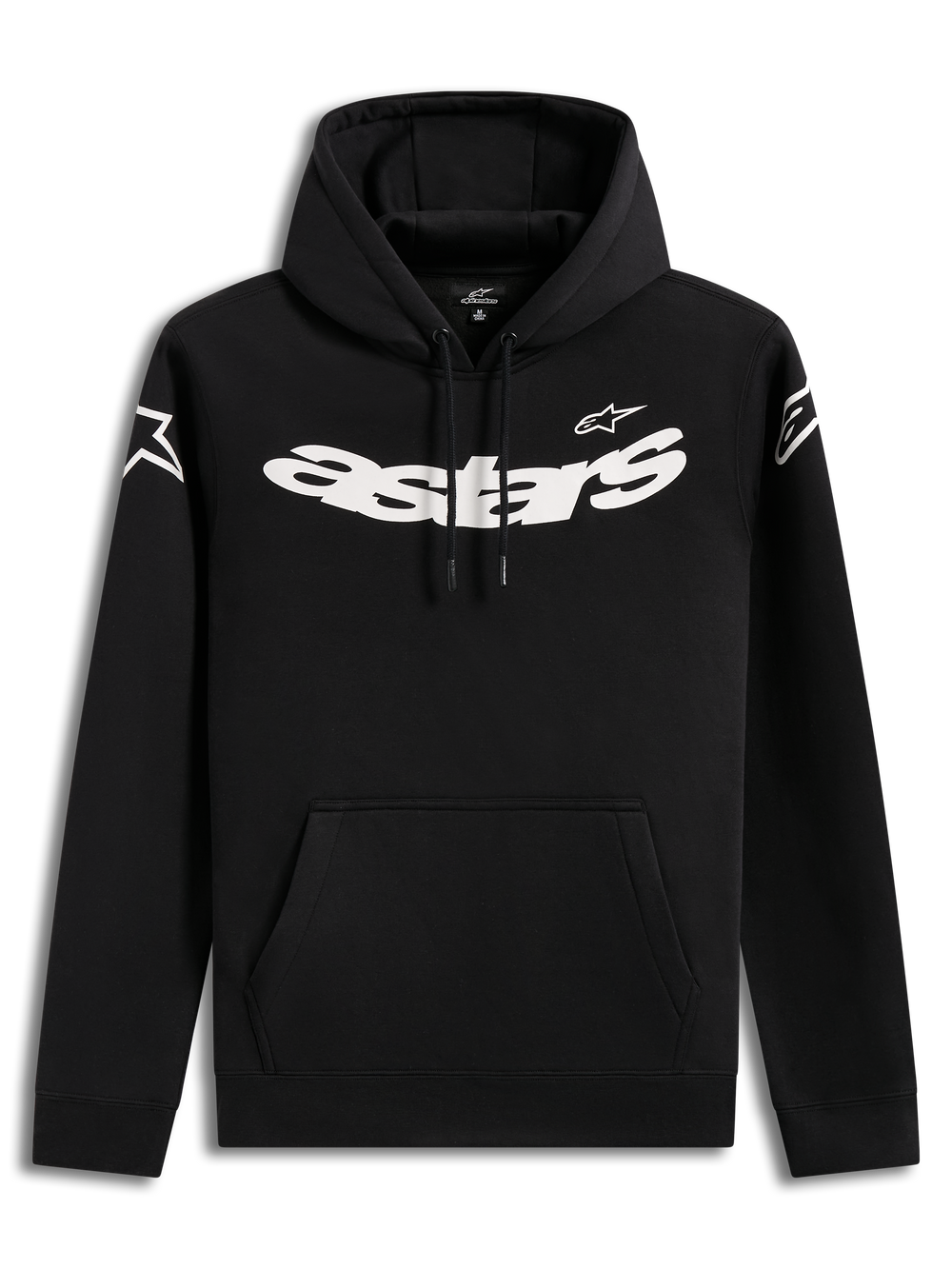 Alpinestars Velocifier Hoodie, black casual lifestyle sweatshirt with bold white chest graphics and front pouch pocket.