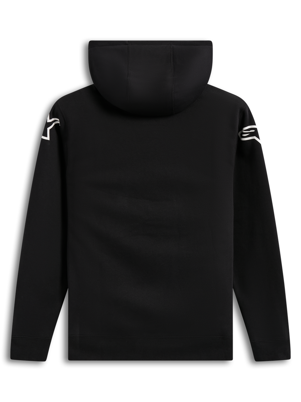 Alpinestars Velocifier Hoodie, black unisex pullover fleece, back view featuring white Astars shoulder logos and a hood.